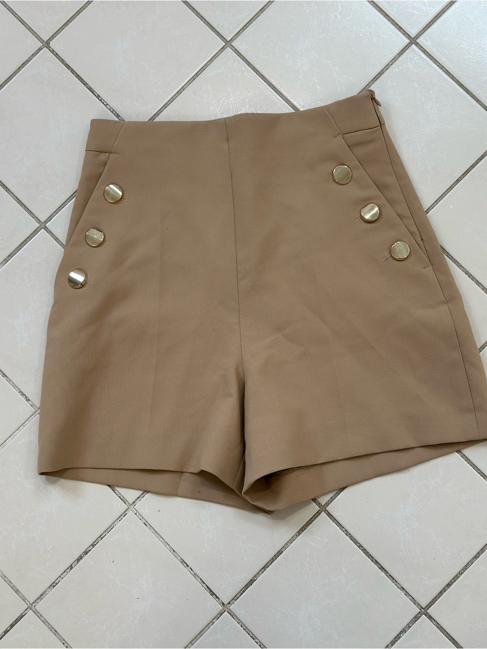 Zara High-Waist Tan Shorts with Gold Buttons